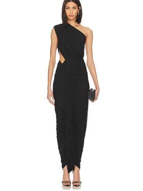 superdown Black One-Shoulder Ruched Cutout Gown
